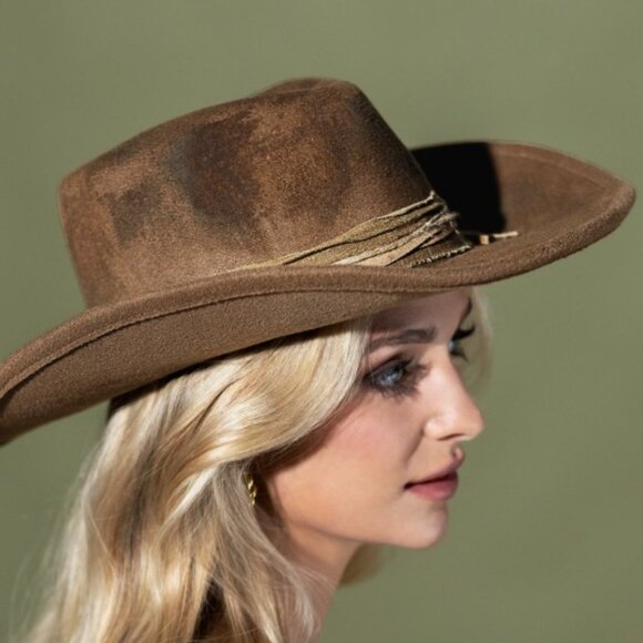 Distressed Burned Brown Faux Suede Shapeable Brim Women's Hat - Picture 6 of 8